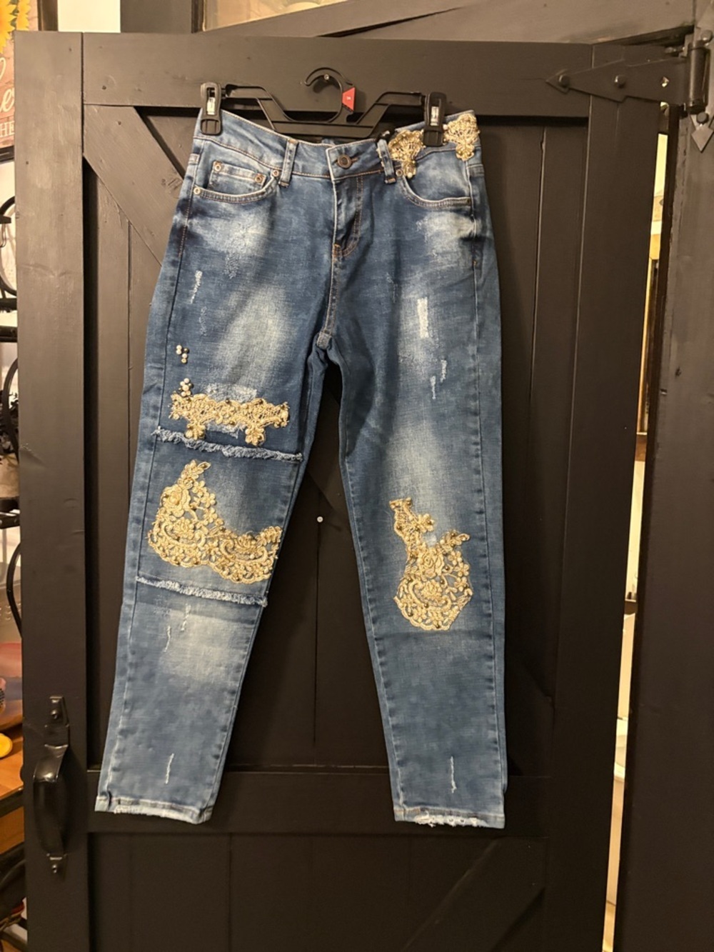 Women's Blue Distressed Jeans with Gold Embroidery